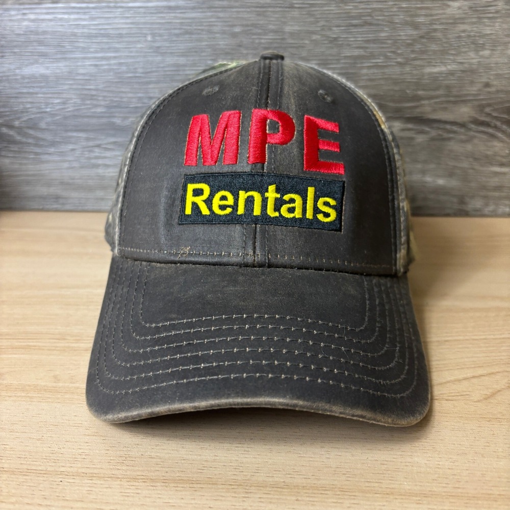 MPE Rentals Hat Cap Strap Back‎ Brown Faux Leather Camo Adjustable